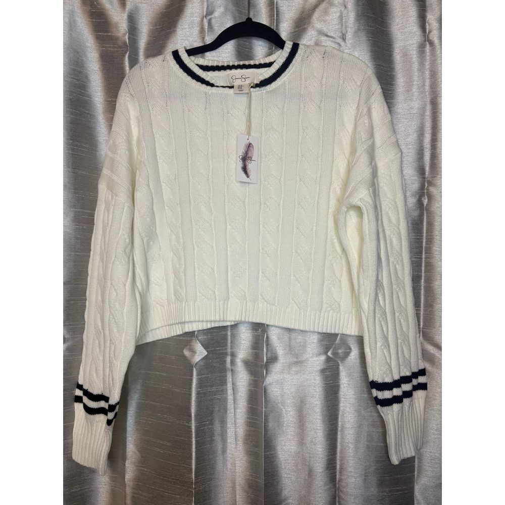 Jessica Simpson white knit‎ sweater with blue accents M